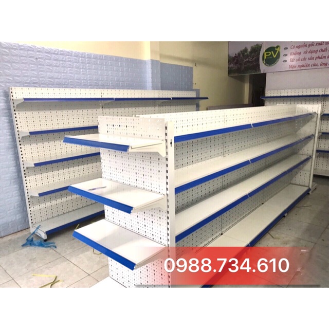Kệ để hàng 2 mặt lưng tôn đục lỗ ( Cao 1m5 dài 1m2 )