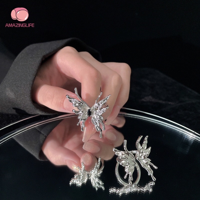 [Amazinglife] Nhẫn Dạng Lỏng Hình Bướm Bằng Kim Loại Mạ Bạc Phong Cách Punk Cá Tính Làm Quà Tặng Đám Cưới Cho Cặp Đôi Nam Nữ