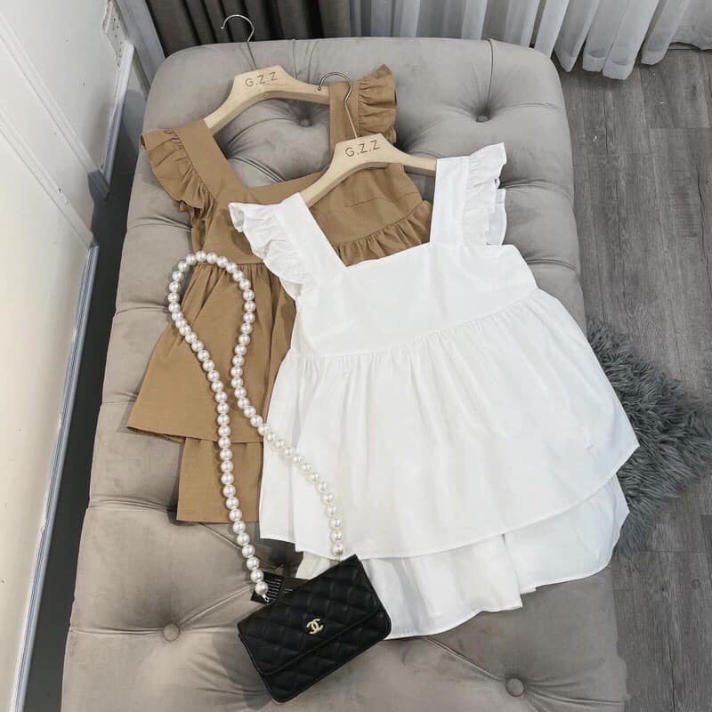 Set áo babydoll cánh tiên kèm quần short giả váy vải đũi xước cực mát