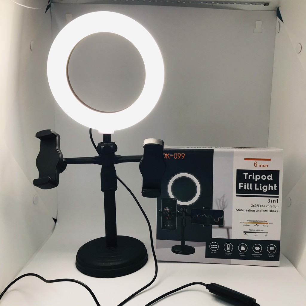 Giá Đỡ 2 Điện Thoại kèm Đèn livestream để bàn cao 16 cm hỗ trợ quay tiktok, bán hàng, make up, chụp hình 099 DK 099