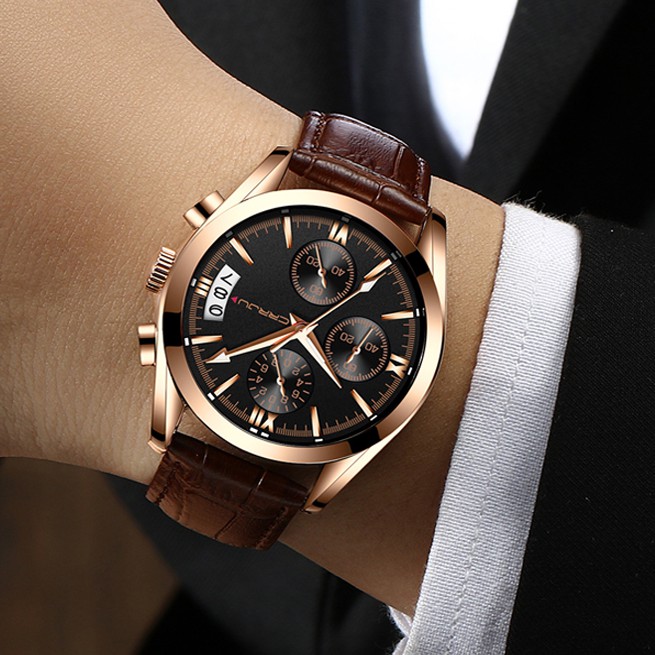 Đồng Hồ Thạch Anh CRRJU 2217 Thiết Kế Nhiều Kim Phong Cách Thể Thao Với Dây Đeo Da Cho Nam