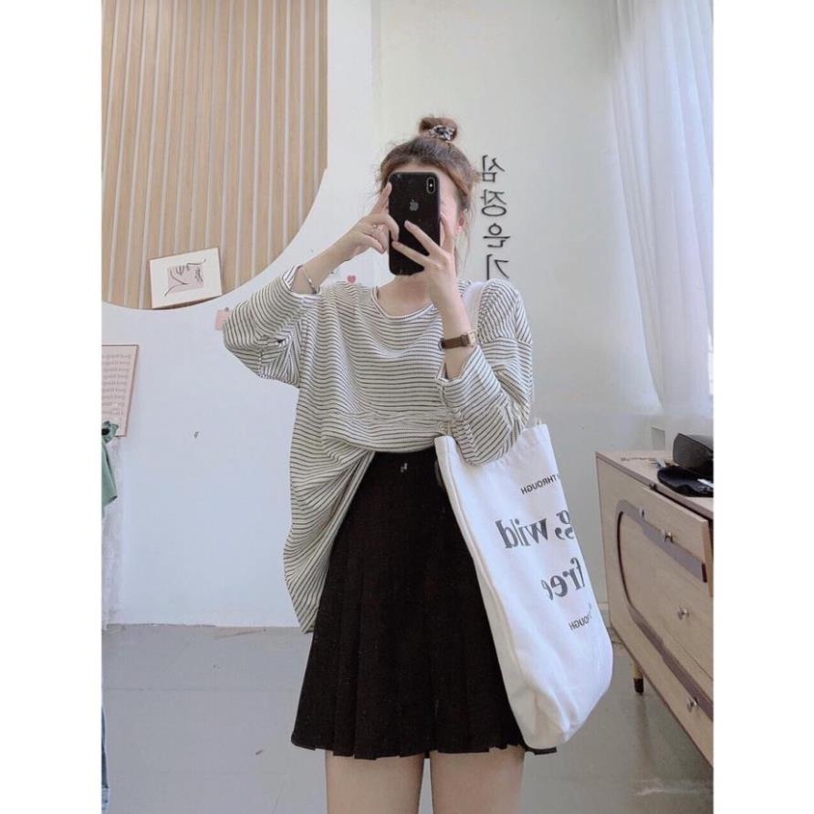 Áo phông nữ dài tay kẻ ngang LYRA, chất len hạt áo pull cổ tròn form rộng unisex trẻ trung, xinh xắn-VXYAP0169 * *