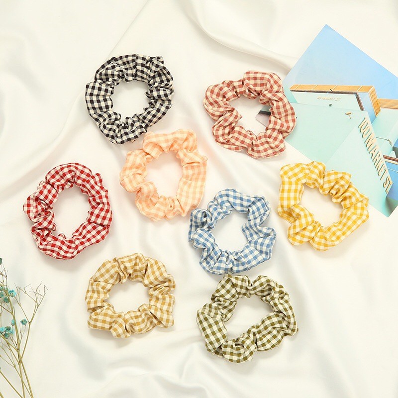 Dây cột tóc vải caro,chấm bi,bông hoa scrunchies Hàn Quốc xinh xắn