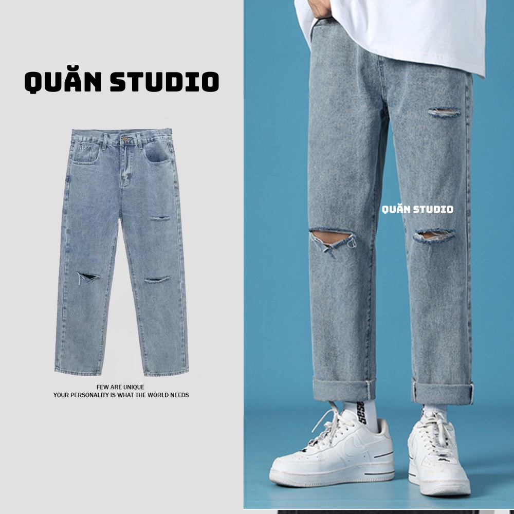 Quần Baggy Nam Rách Gối Quăn Studio - Quần Jean Nam Màu Xanh Vừa Rách Gối 2 Form Chuẩn Hàn Quốc QRG03
