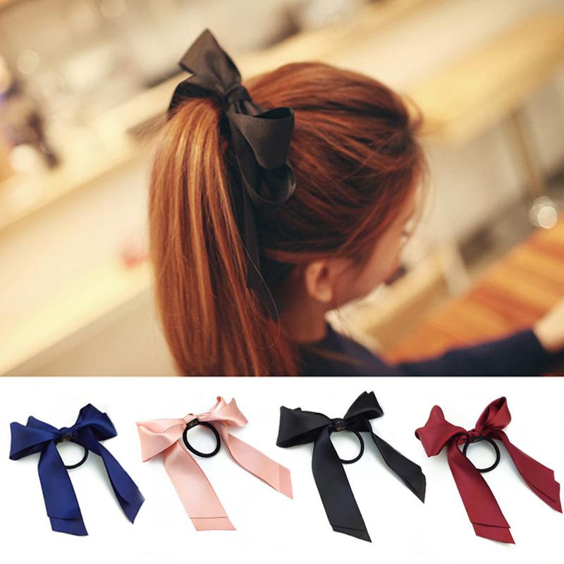 Dây Cột Tóc Ruy Băng Satin Hai Lớp Thắt Nơ Màu Trơn Thanh Lịch Dành Cho Nữ