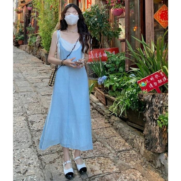 Set đầm hai dây màu xanh lam + đầm hai dây màu trắng thời trang mùa hè 2022 cho nữ (có bán lẻ)
