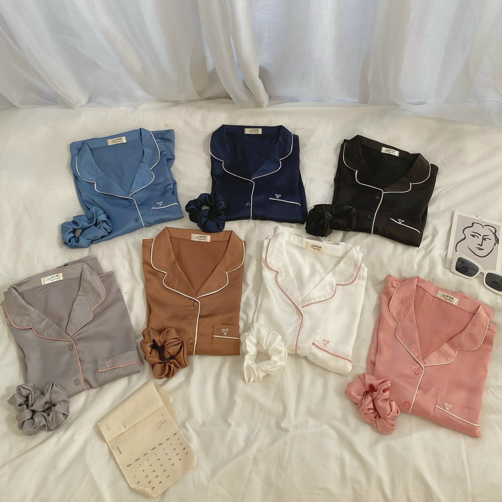 Set Pyjamas lụa trơn thêu trái tim kèm scrunchies (Ảnh video thật 29feb chụp)