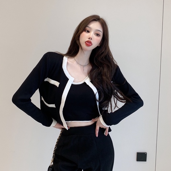 Bộ hai mảnh Cardigan tương phản thời trang phong cách Hàn Quốc