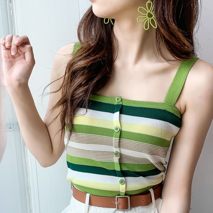 Áo hai dây dệt km kẻ sọc phong cách Hàn Quốc thời trang dành cho nữ