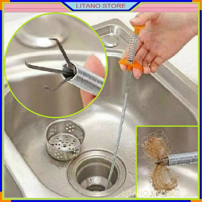 Dụng Cụ Thông Tắc Cống Bồn Rửa Bát Chén Dạng Lò Xo Có Móc Kẹp Gắp Rác Chậu Rửa Đa Năng