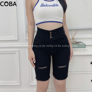 Quần jean ngố nữ rách màu đen 3 nút lưng cao - Xưởng Cô Ba