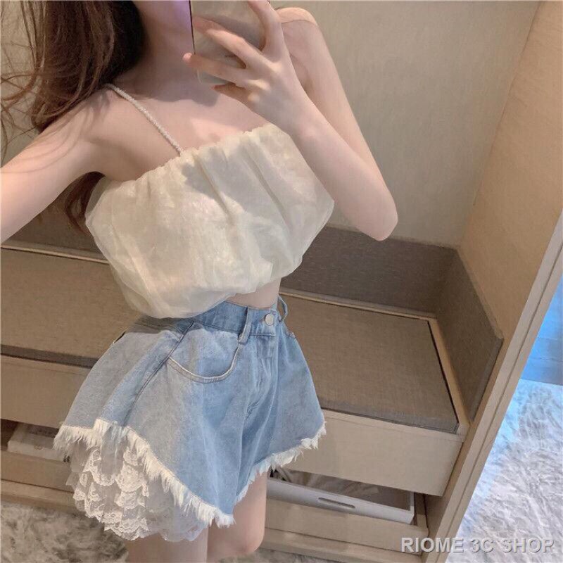 Quần Short Jeans Lưng Cao Phối Ren Thời Trang Mùa Hè 2021 Cho Nữ