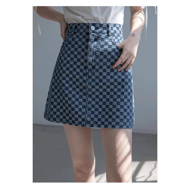 Chân váy jean Chữ A Lưng Cao Họa Tiết Sọc Caro Phong Cách Retro Cho Nữ