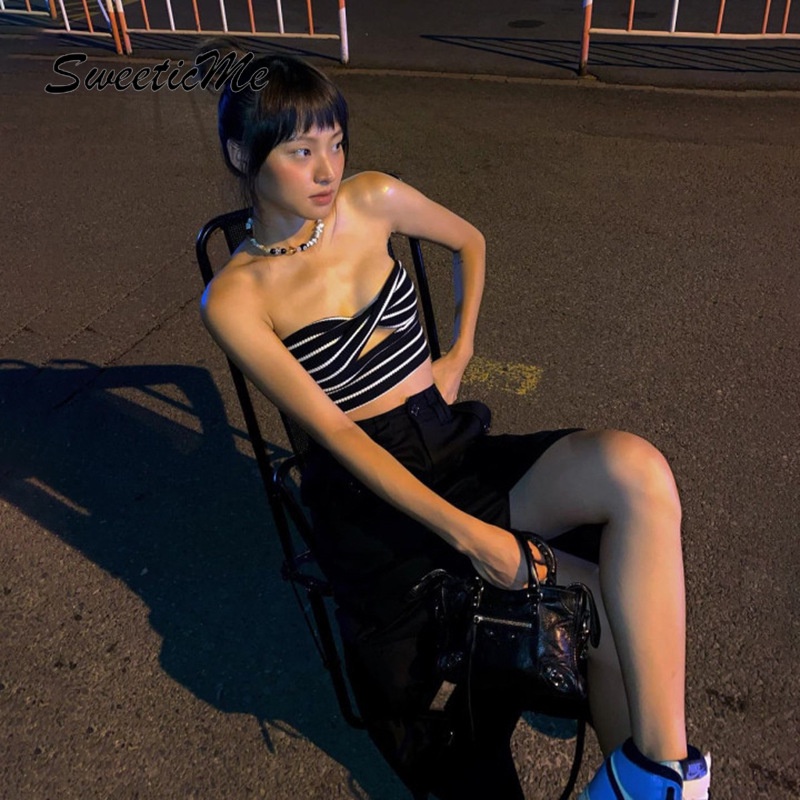 Áo Ống Không Tay Hở Lưng Dáng Chữ A In Họa Tiết Kẻ Sọc Thời Trang Hàng Mới   Dành Cho Bạn Nữ