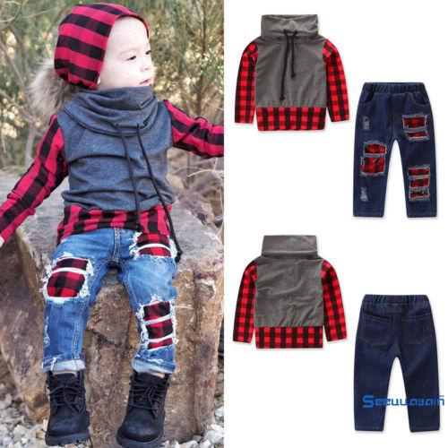 Set Áo Sơ Mi Ca Rô Dài Tay Cổ Bẻ+Quần Jeans Dài Cho Bé Trai