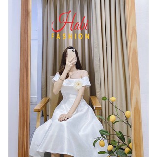 Váy đầm dự tiệc trễ vai màu trắng dáng xòe, váy trắng công chúa trễ vai hàng thiết kế cao cấp