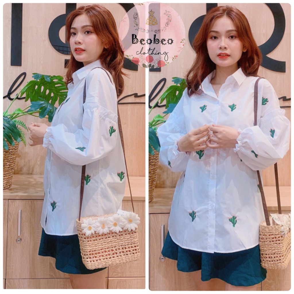 [Ảnh thật] Áo sơ mi thêu hình xương rồng tay bo ulzzang | BigBuy360 - bigbuy360.vn