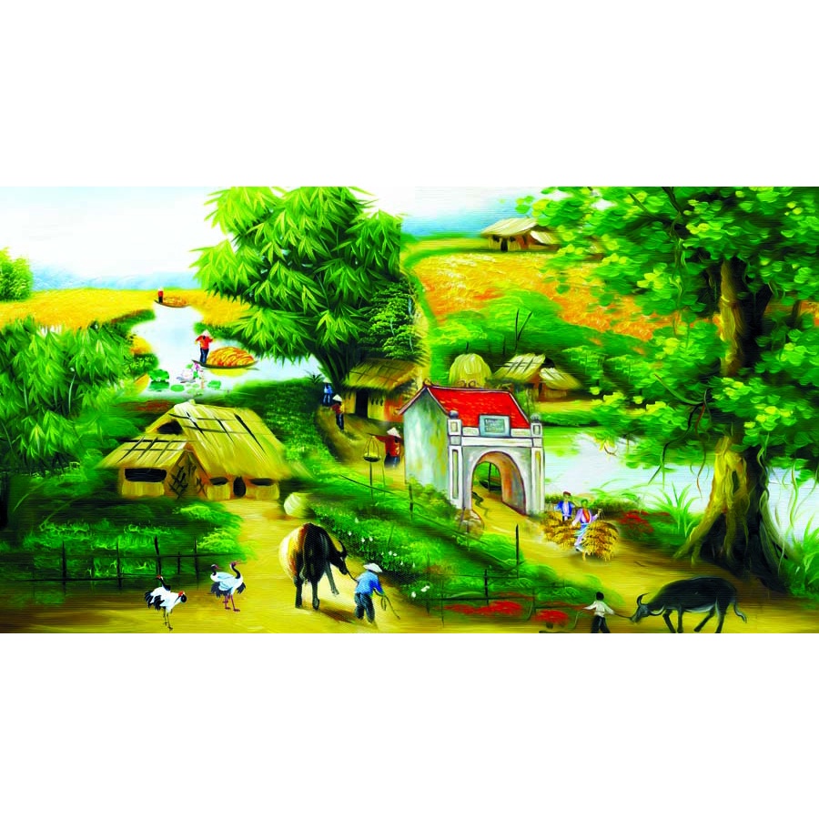 Tranh Đồng Quê Vải Lụa 3D Dán Tường Cao Cấp tặng kèm dụng cụ dán