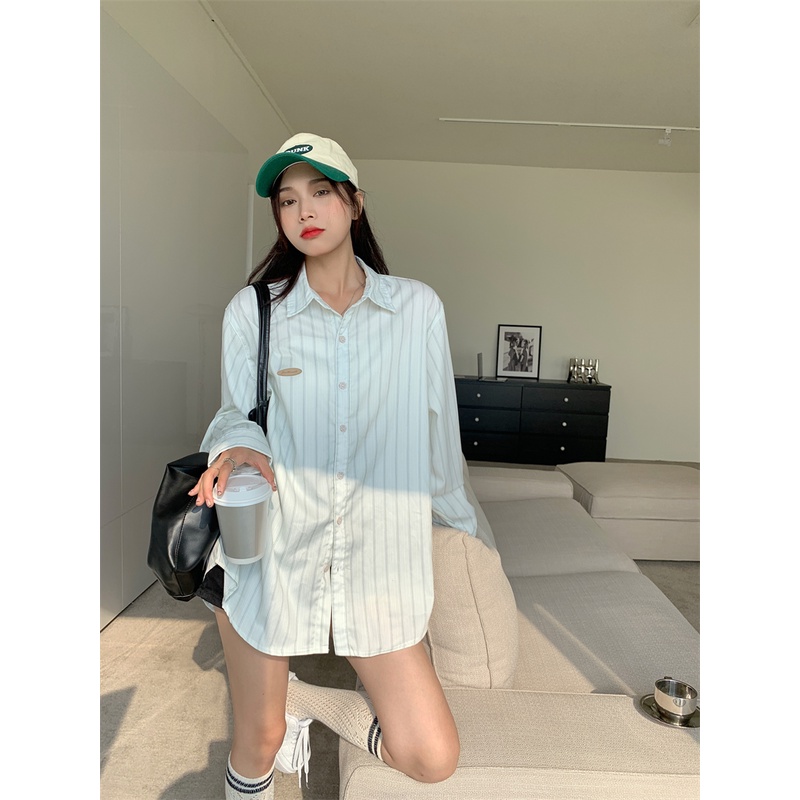 Áo sơ mi tay dài dáng rộng họa tiết kẻ sọc thời trang cho nữ | BigBuy360 - bigbuy360.vn