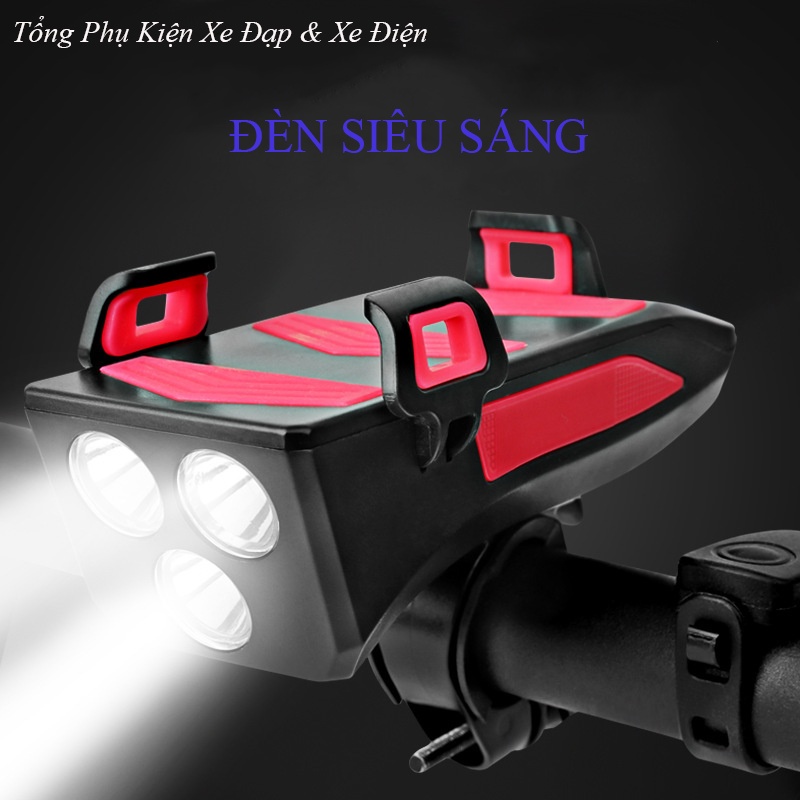 Đèn Xe Đạp Siêu Sáng Sạc Usb 4 Tính Năng Đèn, Còi, Giá Đỡ Điện Thoại, Sạc Dự Phòng Chống Nước Tuyệt Đối
