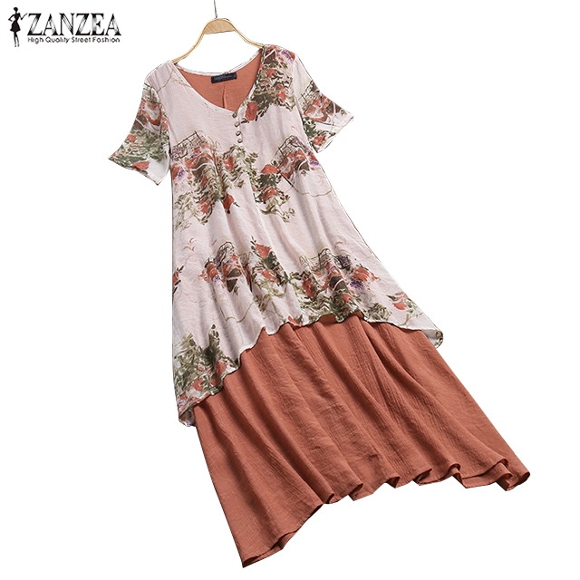 Đầm ZANZEA Tay Ngắn In Họa Tiết Hoa Phong Cách Vintage Cho Nữ | BigBuy360 - bigbuy360.vn