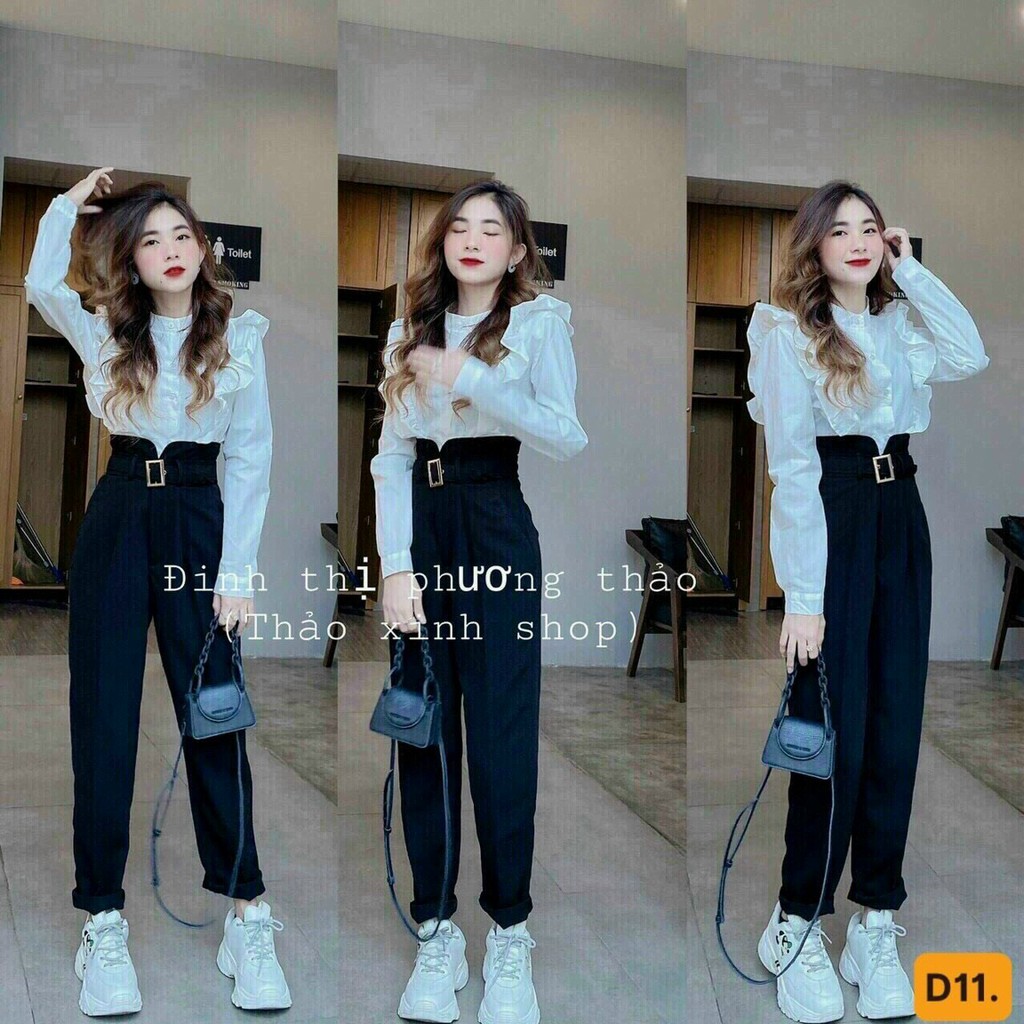 Set áo sơ mi cổ đứng phối bèo mix quần tây lưng cao có đai thắt lưng trẻ trung