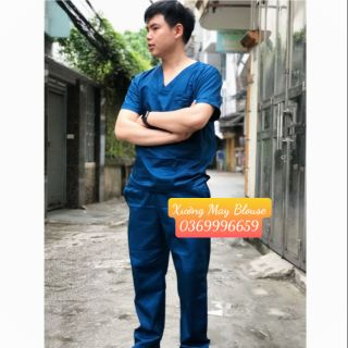 Bộ scrubs blouse phẫu thuật cổ tim cao cấp màu xanh than nam nữ thẩm mỹ viện, spa, bệnh viện