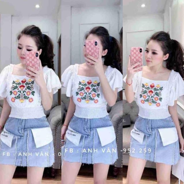 Set áo linen thêu hoa cánh tiên viền đăngten, eo bo nhún thun + CV jean rách tua túi lộn cách điệu