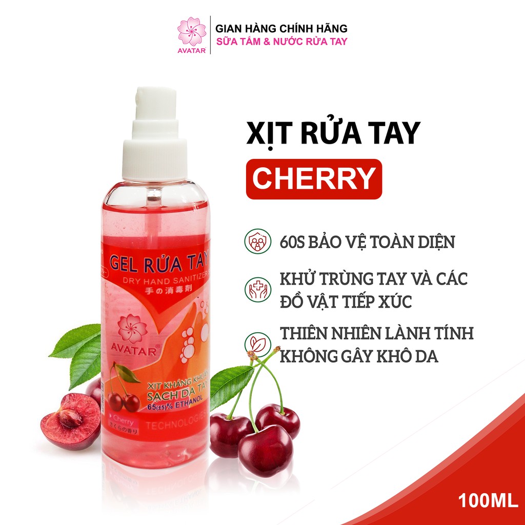 Xịt Rửa Tay Hương Cherry Diệt Khuẩn Vượt Trội, X3 Dưỡng Ẩm Không Gây Khô Da AVATAR 100ml