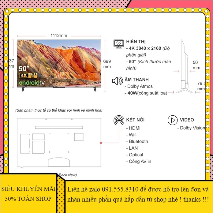 Android Tivi QLED TCL 4K 50 inch 50C725 [GIẢM 300K ĐƠN TRÊN 5TR5]