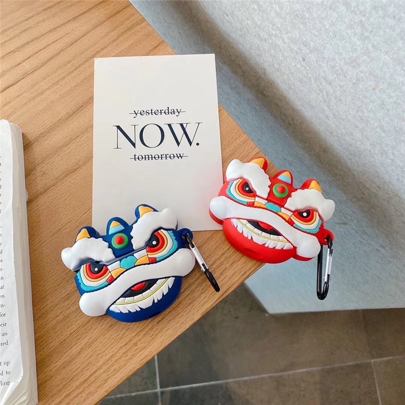 Vỏ Bảo Vệ Hộp Sạc Tai Nghe Airpods 2 3 pro Bằng Silicon Họa Tiết Chú Sư Tử Phong Cách Trung Hoa Độc Đáo