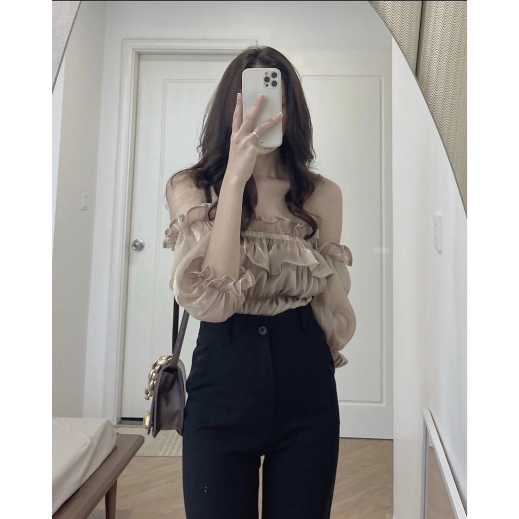 Áo trễ vai nữ tay bèo chất organza lụa NPAO031