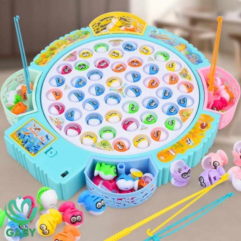 Đồ chơi câu cá cho bé bằng nhựa, nhiều màu, có nhạc, tặng kèm pin GABY bộ 45 con cá, cần câu móc