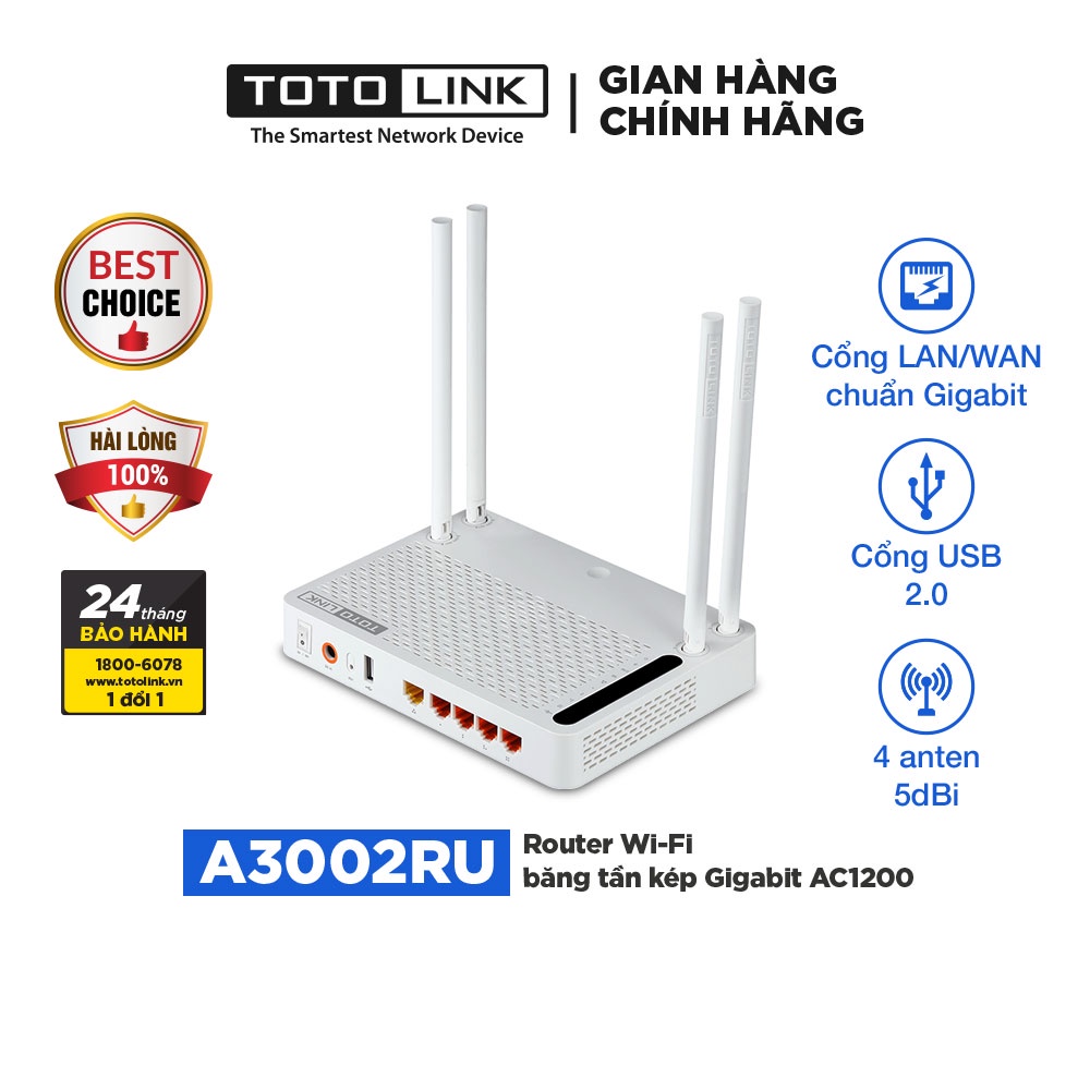 TOTOLINK A3002RU - Router Wi-Fi băng tần kép Gigabit chuẩn AC 1200Mbps wifi chơi game