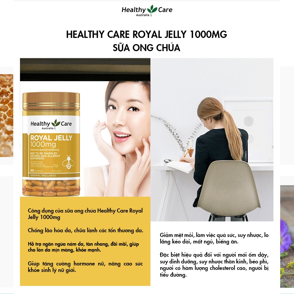 Viên uống sữa ong chúa đẹp da làm chậm lão hóa Healthy Care Royal Jelly 365 viên