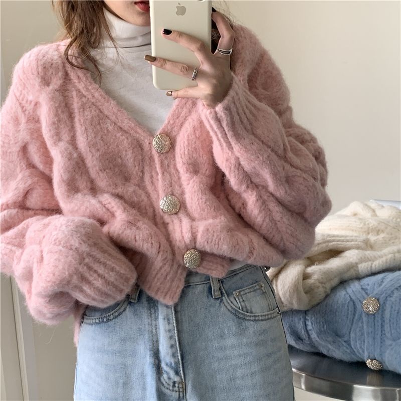 Áo khoác cardigan dệt kim dáng rộng thiết kế xoắn đính nút thời trang cho nữ