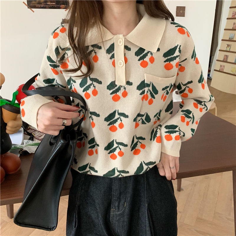 Áo kiểu PURE CUBE dệt kim tay dài dáng rộng cổ polo in họa tiết quả cherry phong cách Hàn Quốc xinh xắn cho nữ