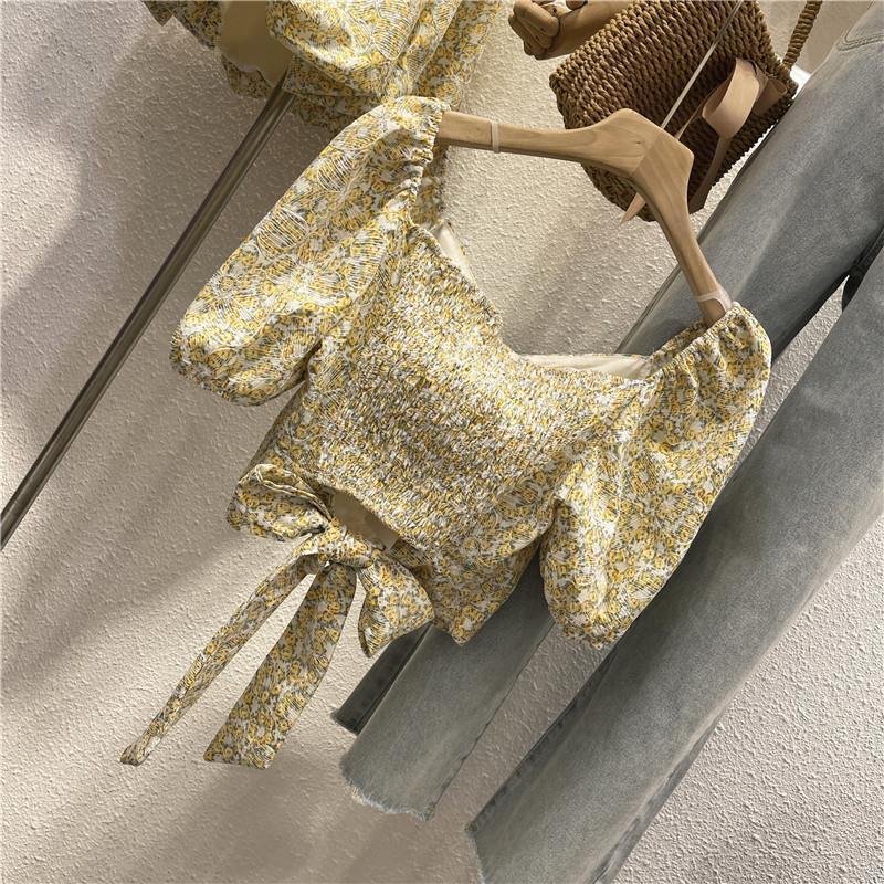 Áo lửng cột nơ trẻ hóa in hoa phong cách mùa hè cho nữ