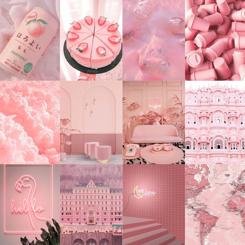 Wall Collage  keo sẵng lột dán tường trang trí decor phòng ngủ - theme Hồng nhạt