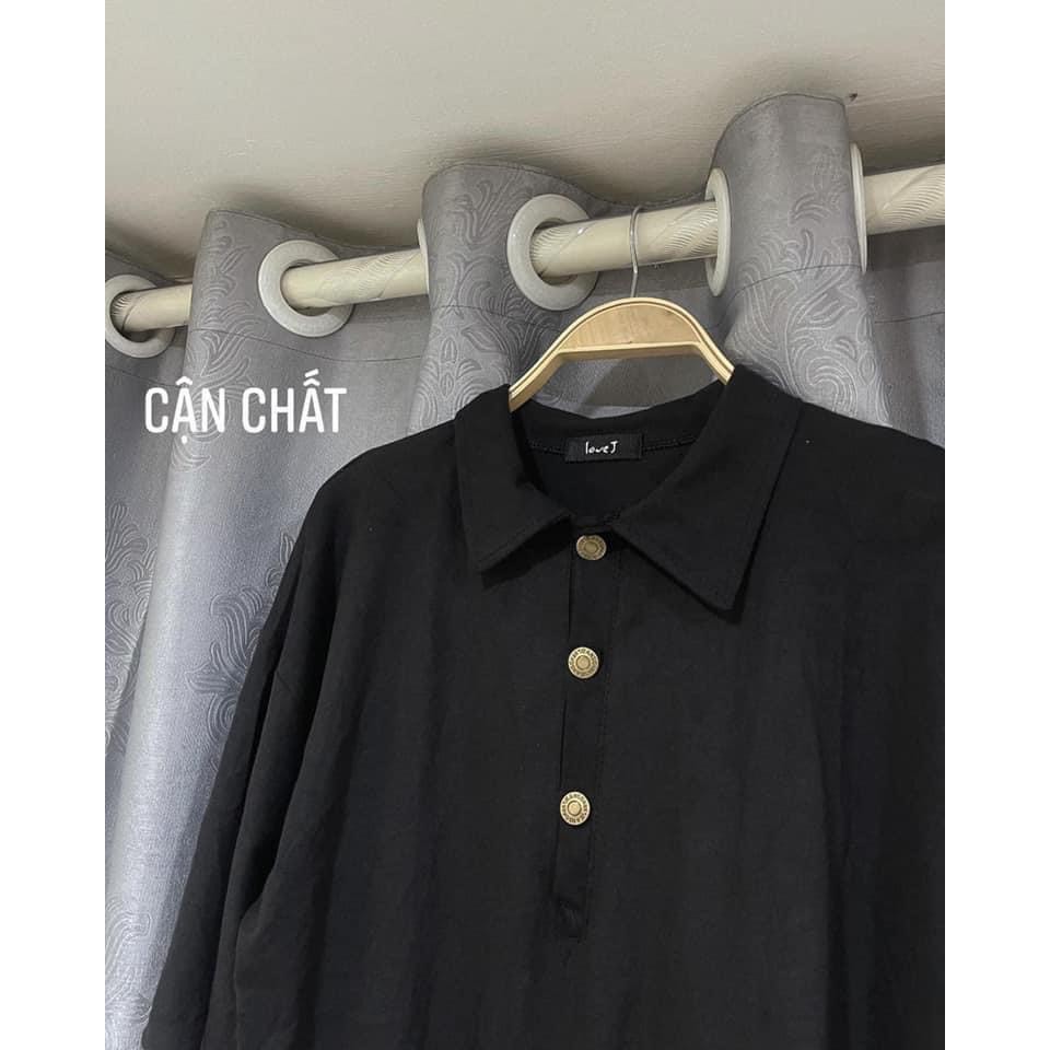 Đầm Midi Polo Dáng Dài Màu Đen Cúc Đồng Vintage - Rere.Store [FREESHIP] - Váy suông trơn tay lỡ cổ bẻ style basic