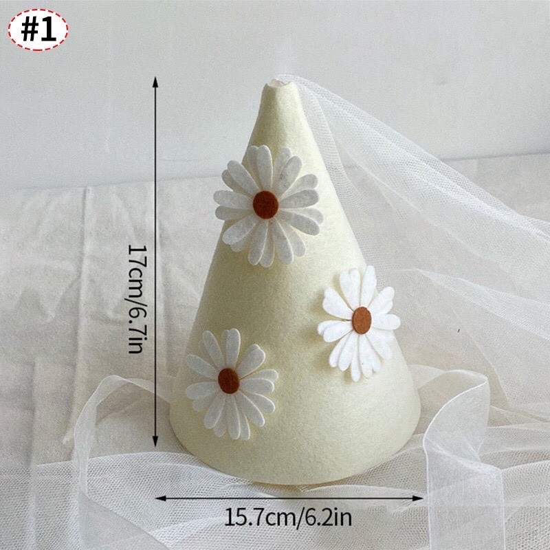 Mũ sinh nhật hoa cúc voan trắng công chúa nổi 3D