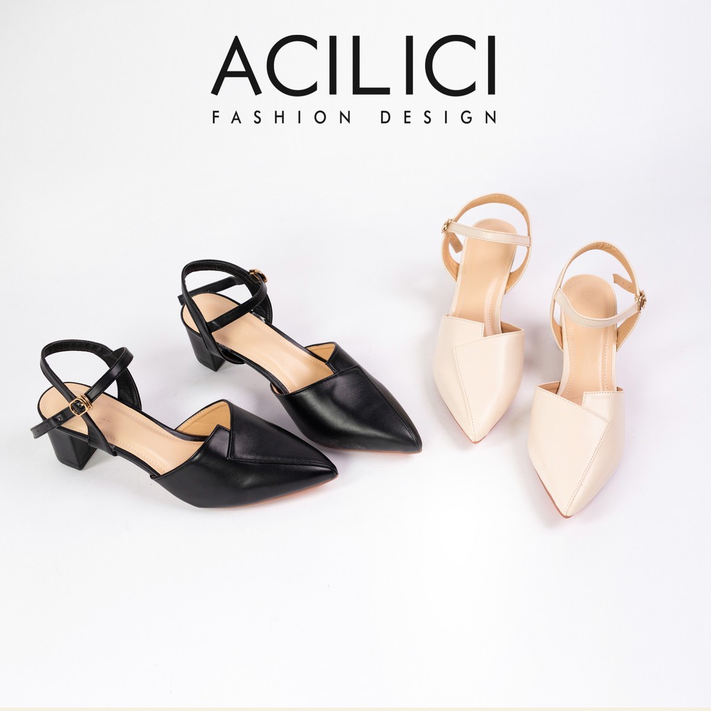 Giày sandal cao gót nữ ACILICI, mũi nhọn đế vuông cao 5p fom chuẩn size 35-40 màu đen và kem_TC01