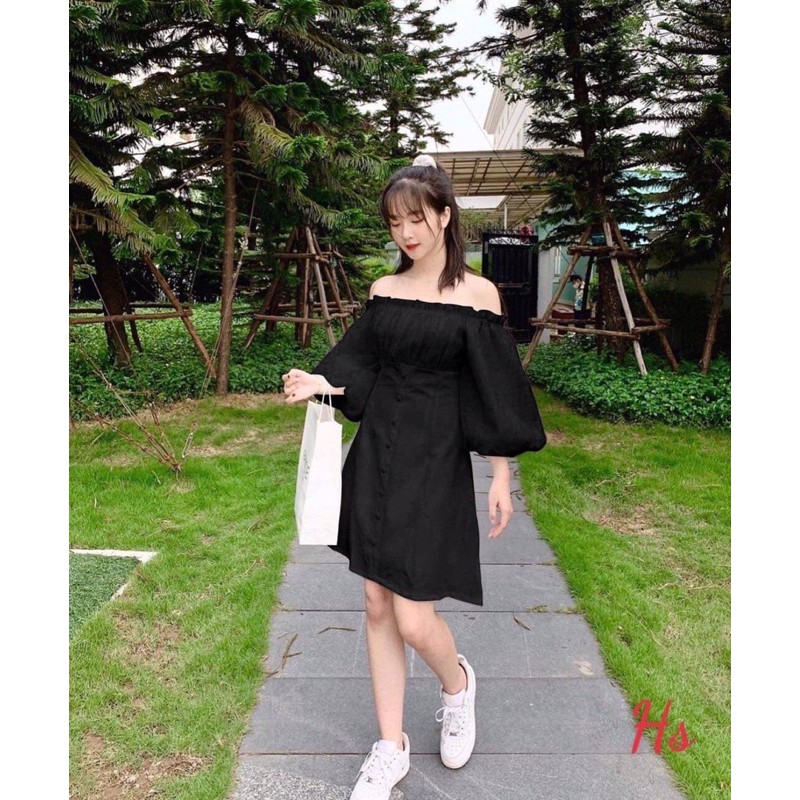 Đầm Nữ Voan Trễ Vai Tay Phồng 🦋 Váy Nữ Triết Eo Dáng Lỡ 2 Màu 🦋 | BigBuy360 - bigbuy360.vn