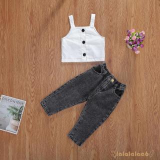 Bộ Áo Dây Đính Nút Phối Quần Denim Dài Có Túi Cho Bé Gái Từ 1-6 Tuổi