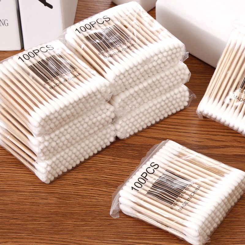 Set 100 Tăm Bông Cotton Dùng Một Lần Thân Gỗ Tiện Lợi