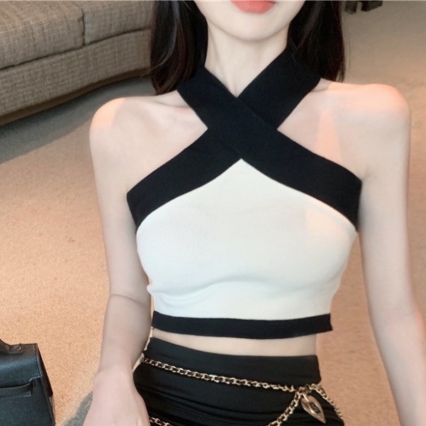 Áo Lửng Hai Dây Sát Nách Màu Sắc Tương Phản Phong Cách Quyến Rũ Dành Cho Nữ