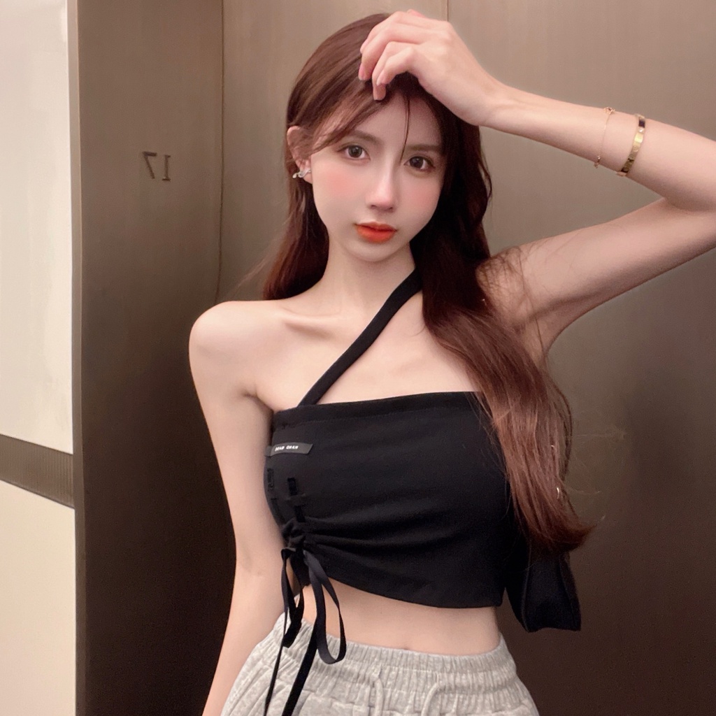 Áo Hai Dây Dáng Ngắn Phối Dây Rút Thời Trang Quyến Rũ Cho Nữ