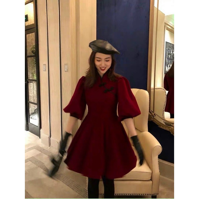 ĐẦM NHUNG CỔ TÀU MÃ MÀU ĐỎ KÈM ẢNH THẬT