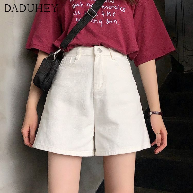 Daduhey Quần short denim ống rộng eo cao thiết kế thời trang phong cách Hàn Quốc