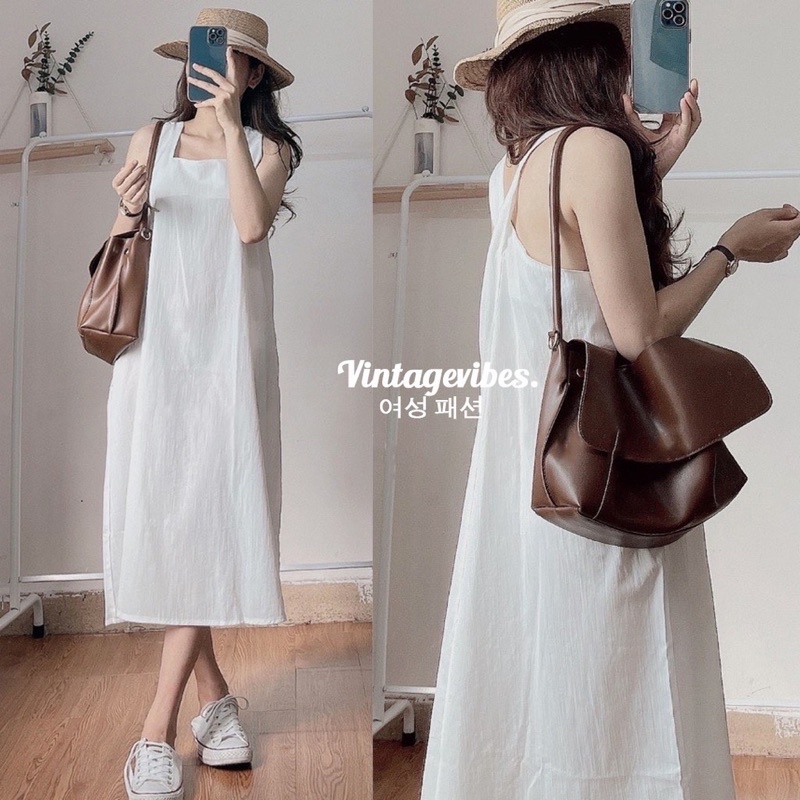 Váy đầm ba lỗ dáng dài ngang bắp chân dây chéo xoắn lưng vintage không nhăn nhẹ nhàng dễ thương cổ điển style hang quốc